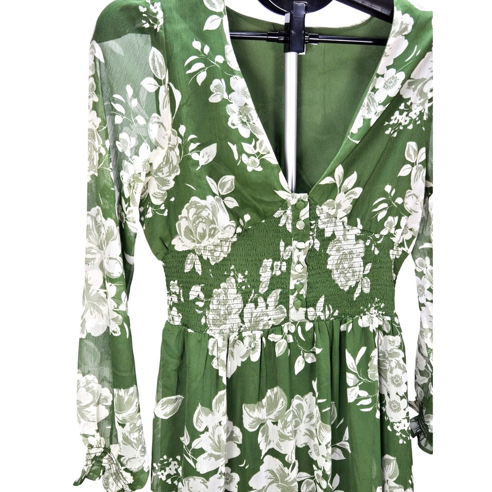 Women's Medium Green Floral Smocked Tiered‎ Maxi Dress Boho Garden Party Cottage - Picture 3 of 5